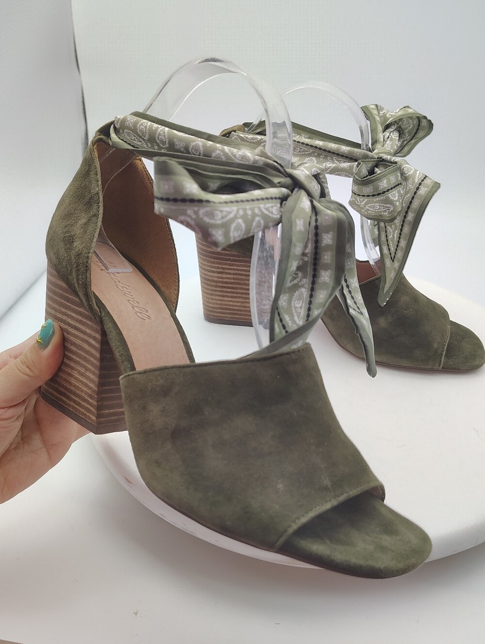 Madewell Olive Green Suede Block Heel Sandals with Ankle Tie Size Woman's 8